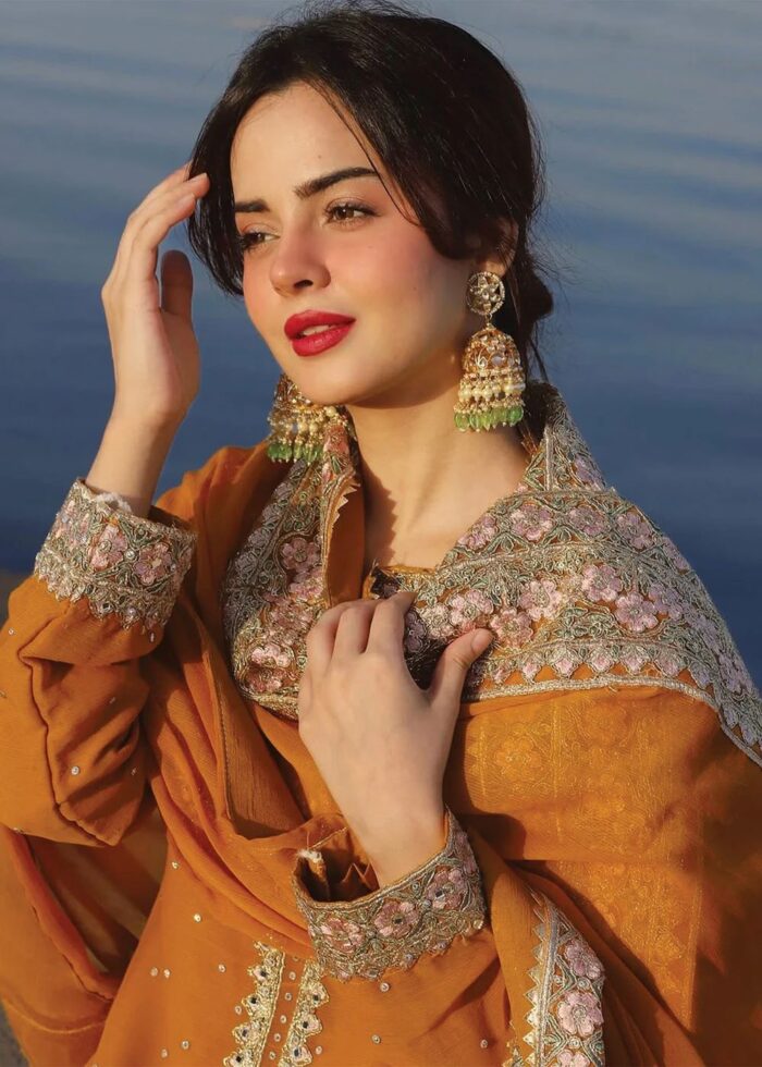 Haseens Official | 3 Piece Orange Embroidered Chiffon Short Kurta Set - Hoorain | Ready To Wear - Image 5