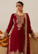 Haseens Official | 4 Piece Maroon Chiffon Straight Kurta with Flared Sharara – Lamyah | Ready To Wear - Image 3