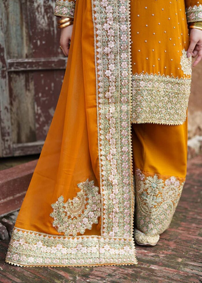 Haseens Official | 3 Piece Orange Embroidered Chiffon Short Kurta Set - Hoorain | Ready To Wear - Image 10