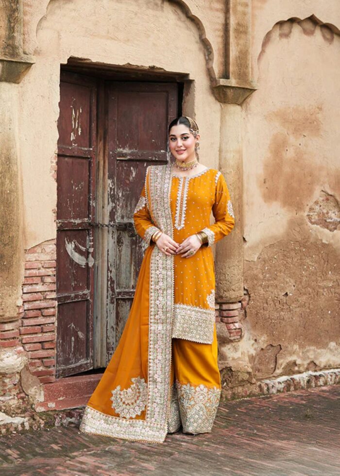 Haseens Official | 3 Piece Orange Embroidered Chiffon Short Kurta Set - Hoorain | Ready To Wear - Image 11