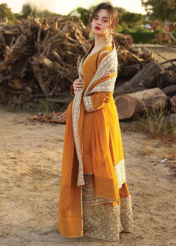 Haseens Official | 3 Piece Orange Embroidered Chiffon Short Kurta Set - Hoorain | Ready To Wear - Image 12