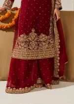 Haseens Official | 4 Piece Maroon Chiffon Straight Kurta with Flared Sharara – Lamyah | Ready To Wear - Image 6