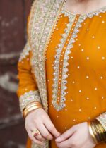 Haseens Official | 3 Piece Orange Embroidered Chiffon Short Kurta Set - Hoorain | Ready To Wear - Image 13