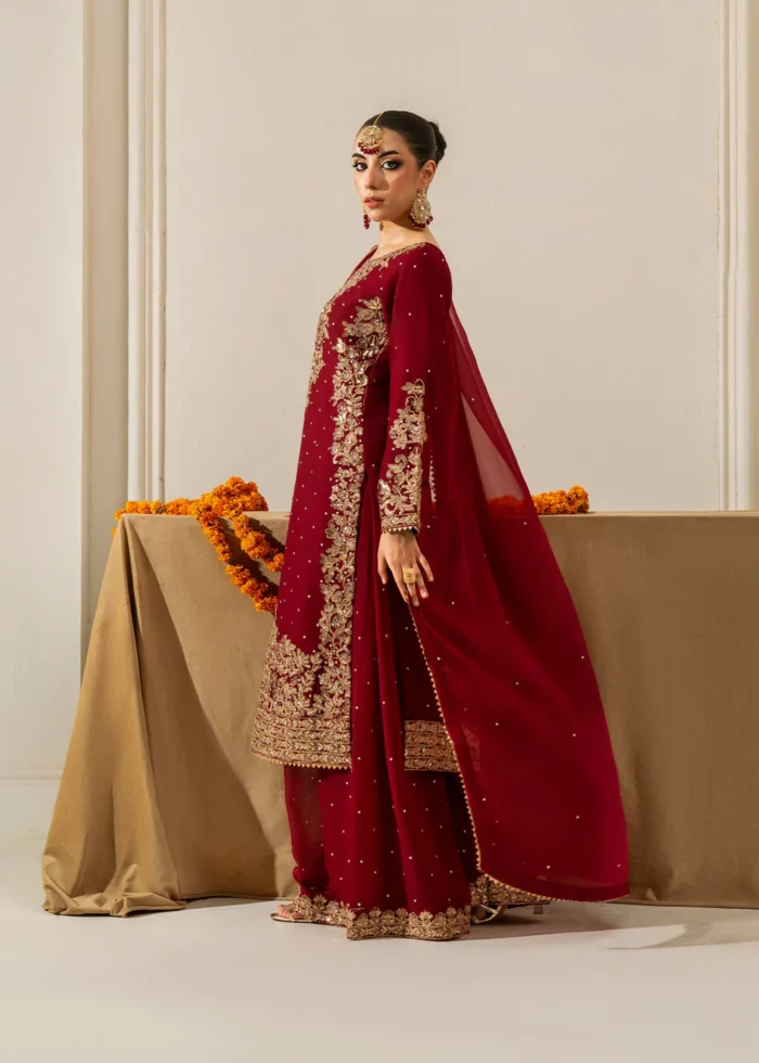 Haseens Official | 4 Piece Maroon Chiffon Straight Kurta with Flared Sharara – Lamyah | Ready To Wear - Image 7