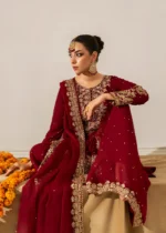 Haseens Official | 4 Piece Maroon Chiffon Straight Kurta with Flared Sharara – Lamyah | Ready To Wear - Image 5