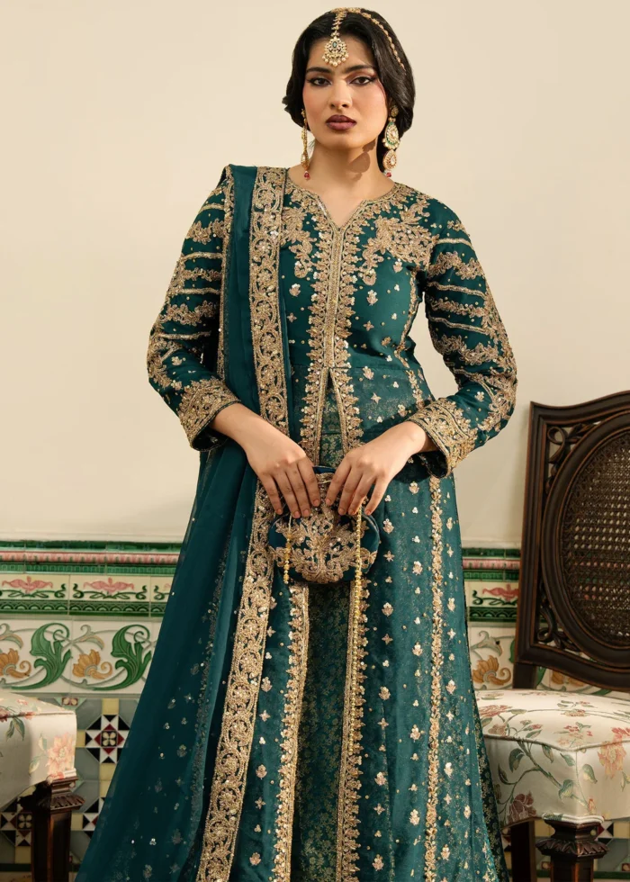 Haseens Official | 4 Piece Embellished Raushan Teal Farshi Peshwas Lehenga – Raushan | Ready To Wear - Image 8
