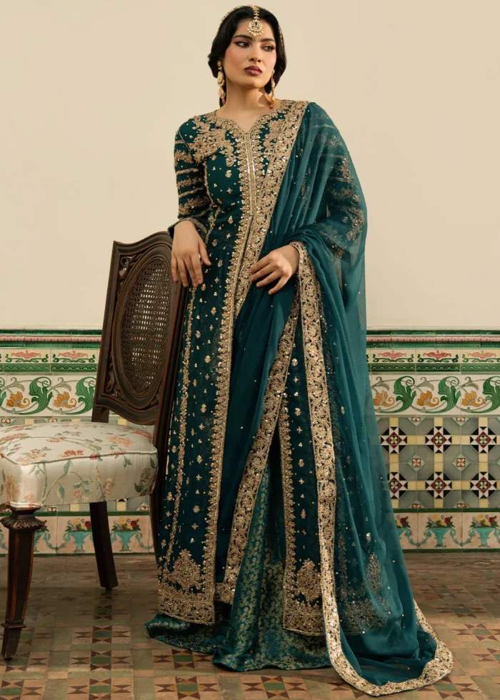 Haseens Official | 4 Piece Embellished Raushan Teal Farshi Peshwas Lehenga – Raushan | Ready To Wear - Image 3