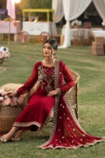 Vanya | 3 Piece Deep Maroon Embroidered Raw Silk Dress - MF-08R | Ready To Wear - Image 4