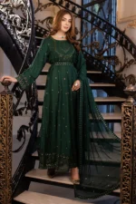 HOZ | Green Embroidered Chiffon Maxi Dress – Luxury Formal Pret - UNSHA - GU220 | Ready To Wear - Image 2
