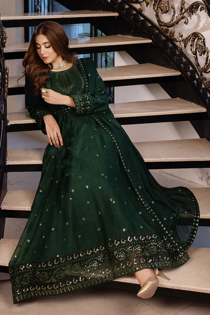 HOZ | Green Embroidered Chiffon Maxi Dress – Luxury Formal Pret - UNSHA - GU220 | Ready To Wear - Image 5