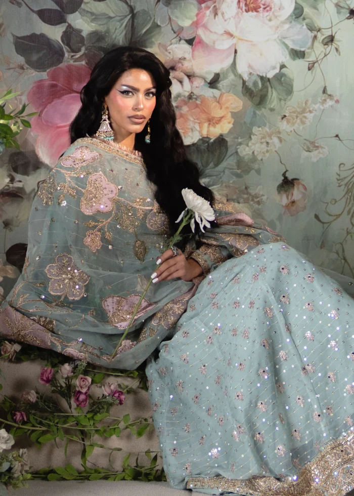 Haseens Official | 3 Piece Orange & Maroon Embroidered Net Straight Maxi - Falak | Ready To Wear - Image 6