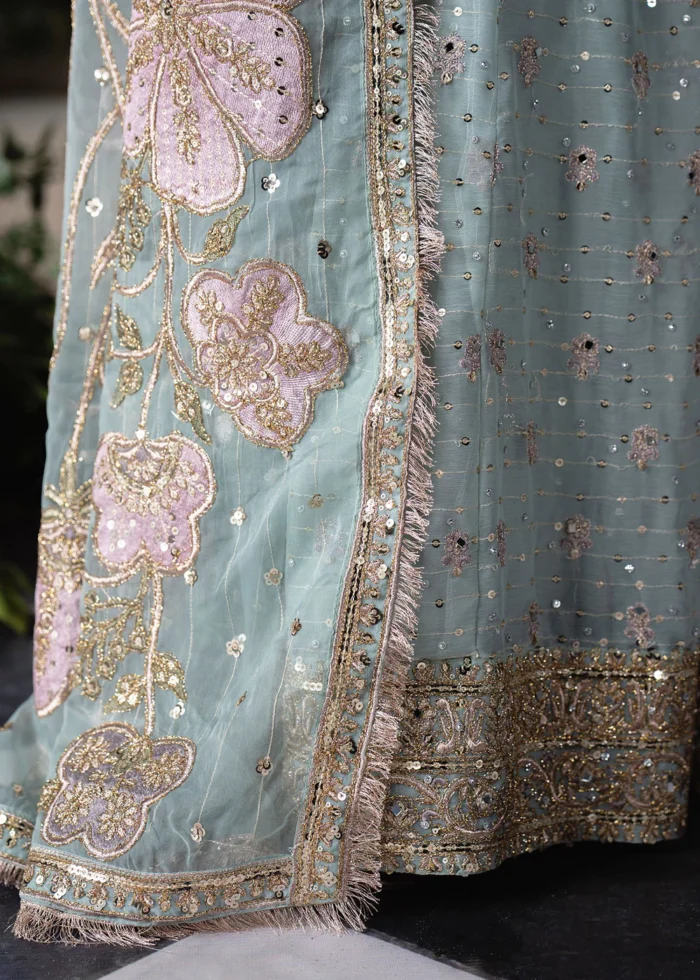 Haseens Official | 3 Piece Orange & Maroon Embroidered Net Straight Maxi - Falak | Ready To Wear - Image 7