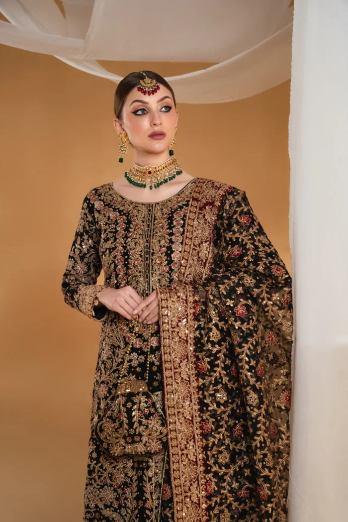 Haseens Official | 4 Piece Black Chiffon Embroidered Straight Kurta Flapper - Suhana | Ready To Wear - Image 2