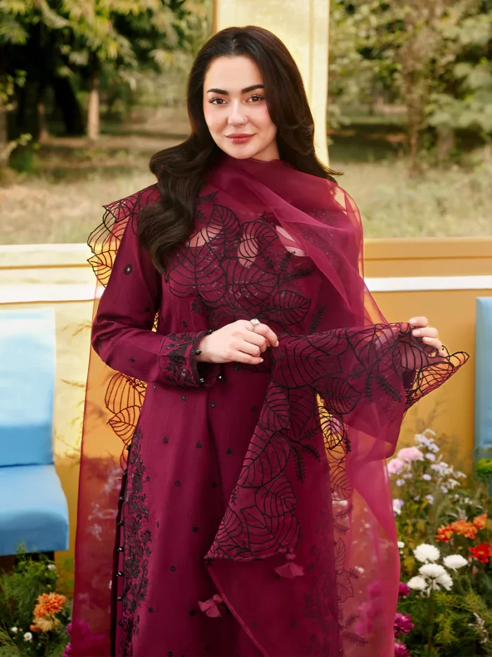 Ally's Official | 3 Piece Luxury Chikankari Jacquard Embroidered Suit | CHERRY | Ready To Wear - Image 8