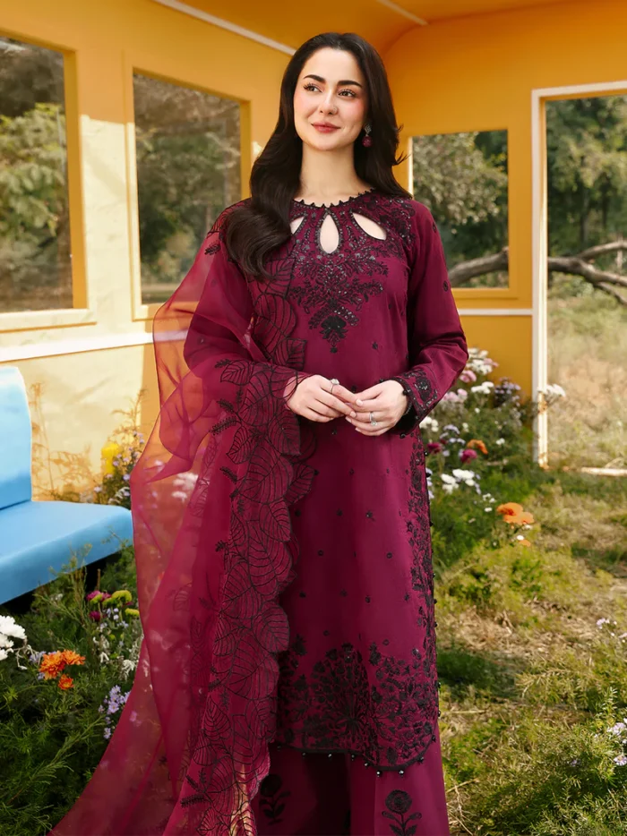 Ally's Official | 3 Piece Luxury Chikankari Jacquard Embroidered Suit | CHERRY | Ready To Wear - Image 5