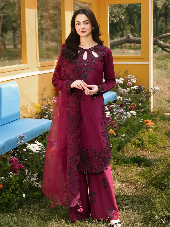 Ally's Official | 3 Piece Luxury Chikankari Jacquard Embroidered Suit | CHERRY | Ready To Wear - Image 2