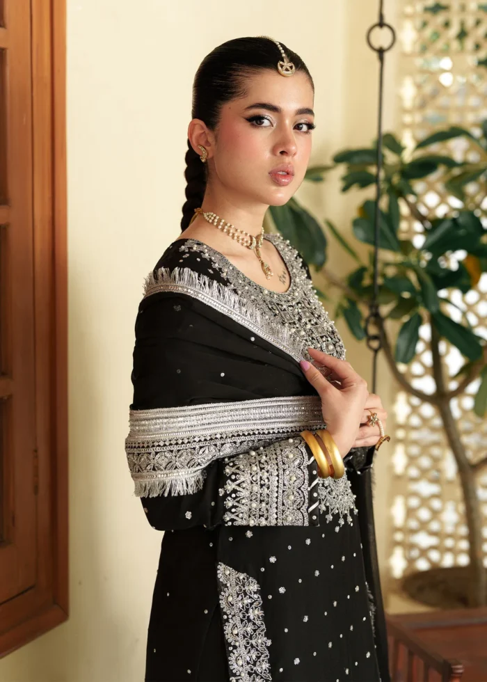 Haseens Official | 3 Piece Black Chiffon Embroidered Long Shirt Gharara - Mahpara | Ready To Wear - Image 2