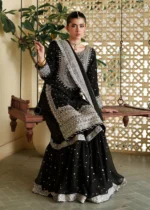 Haseens Official | 3 Piece Black Chiffon Embroidered Long Shirt Gharara - Mahpara | Ready To Wear - Image 3