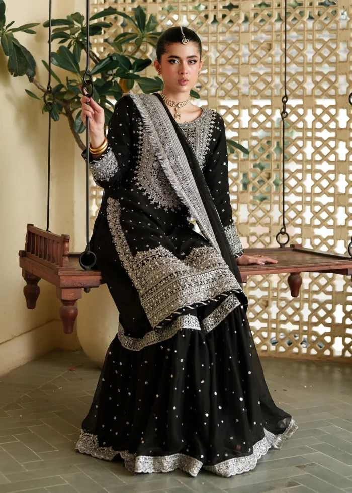 Haseens Official | 3 Piece Black Chiffon Embroidered Long Shirt Gharara - Mahpara | Ready To Wear - Image 3