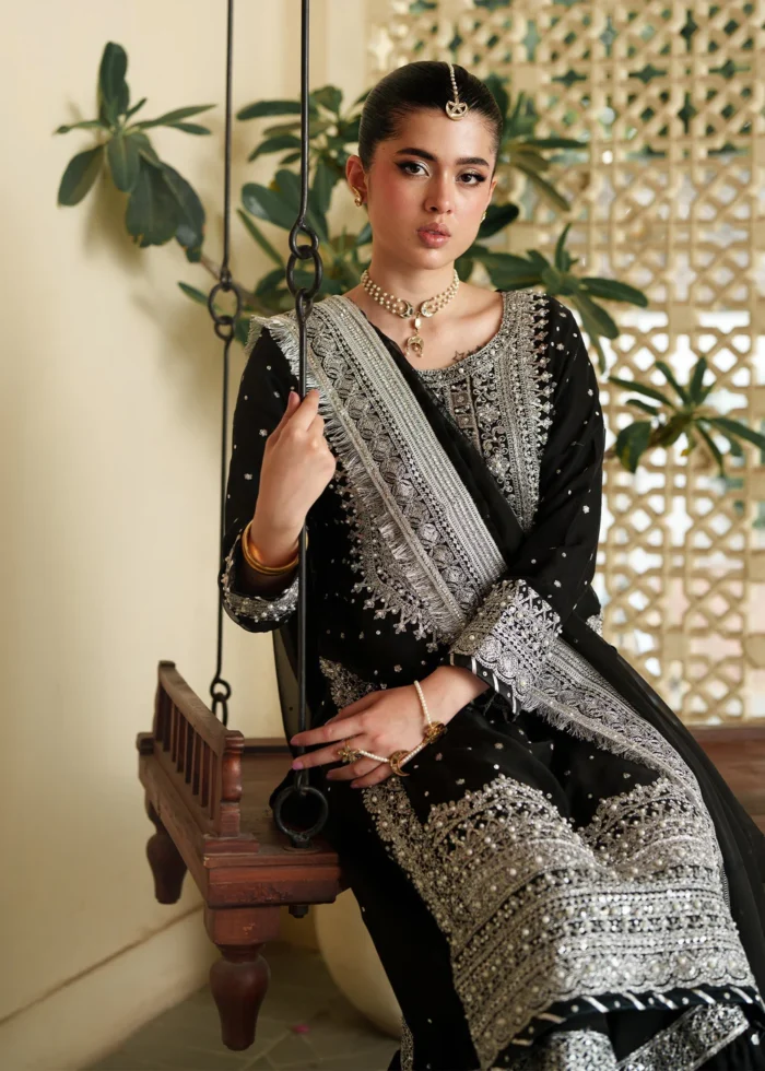 Haseens Official | 3 Piece Black Chiffon Embroidered Long Shirt Gharara - Mahpara | Ready To Wear - Image 4
