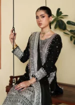 Haseens Official | 3 Piece Black Chiffon Embroidered Long Shirt Gharara - Mahpara | Ready To Wear - Image 5