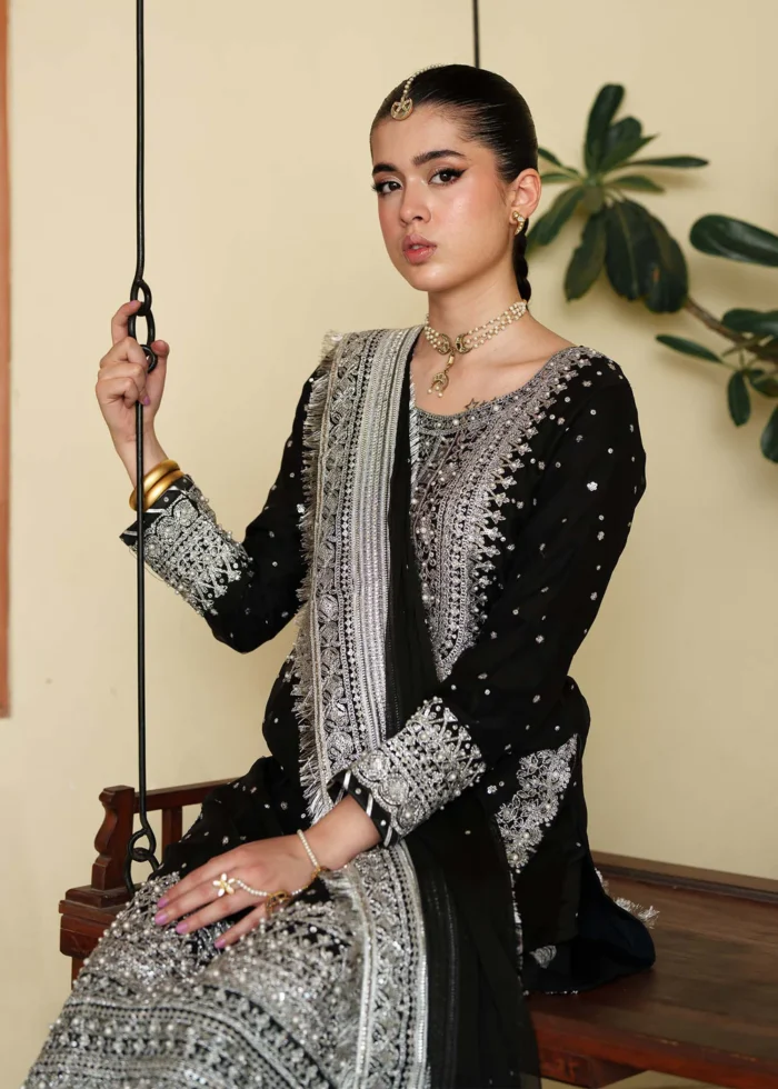 Haseens Official | 3 Piece Black Chiffon Embroidered Long Shirt Gharara - Mahpara | Ready To Wear - Image 5