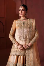 Maryum N Maria | 3 Piece Peach Shimmer Zari Tissue Sharara Set – Nikkah Ritual MSS5901 | Ready To Wear - Image 2