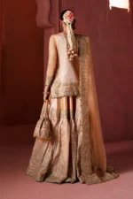 Maryum N Maria | 3 Piece Peach Shimmer Zari Tissue Sharara Set – Nikkah Ritual MSS5901 | Ready To Wear - Image 4