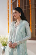 Maryum N Maria | 3 Piece Ice Blue Zari Tissue Embroidered Lehenga Set - PARIWAR - MWS5642 | Ready To Wear - Image 2
