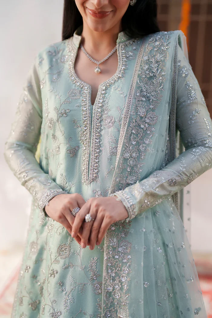 Maryum N Maria | 3 Piece Ice Blue Zari Tissue Embroidered Lehenga Set - PARIWAR - MWS5642 | Ready To Wear - Image 3