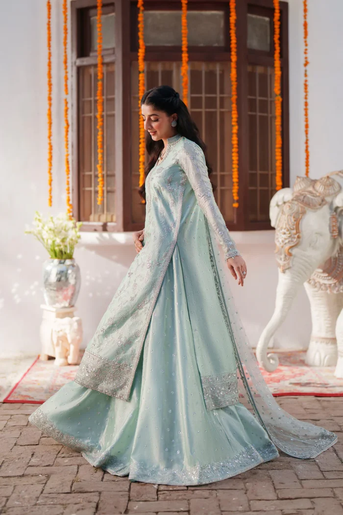 Maryum N Maria | 3 Piece Ice Blue Zari Tissue Embroidered Lehenga Set - PARIWAR - MWS5642 | Ready To Wear - Image 4