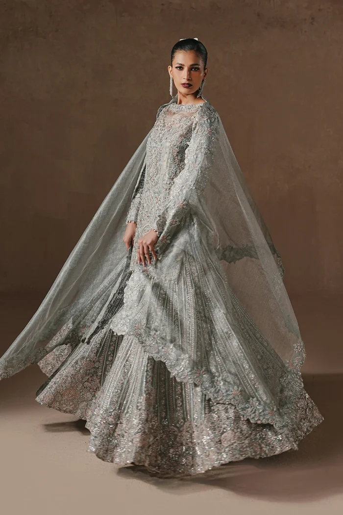 Maryum N Maria | 3 Piece Grey Silver Zari Net Embroidered Gharara Set-ZARA - MWS5949 | Ready To Wear - Image 2
