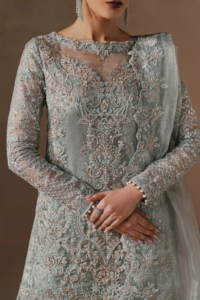Maryum N Maria | 3 Piece Grey Silver Zari Net Embroidered Gharara Set-ZARA - MWS5949 | Ready To Wear - Image 3