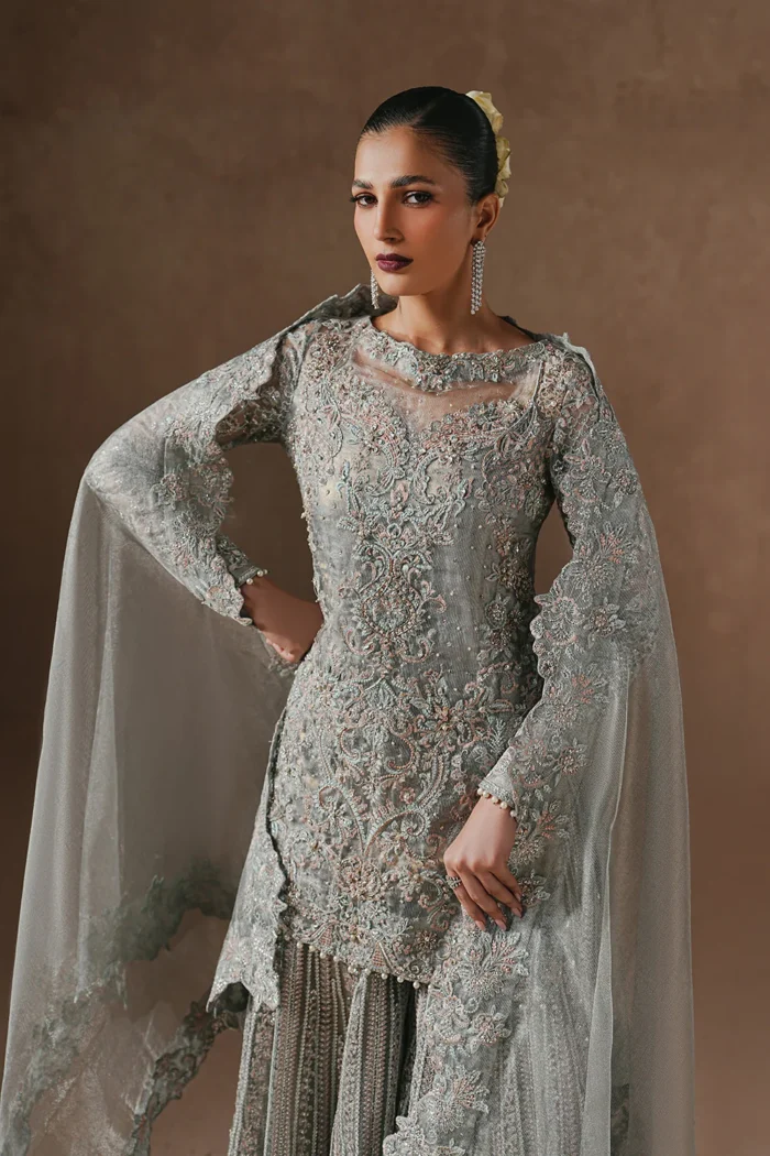 Maryum N Maria | 3 Piece Grey Silver Zari Net Embroidered Gharara Set-ZARA - MWS5949 | Ready To Wear - Image 4