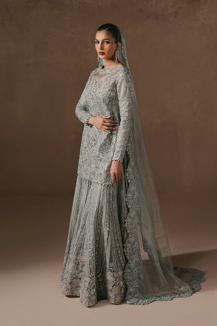 Maryum N Maria | 3 Piece Grey Silver Zari Net Embroidered Gharara Set-ZARA - MWS5949 | Ready To Wear - Image 5