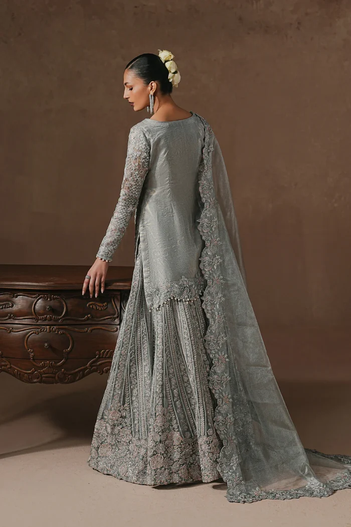 Maryum N Maria | 3 Piece Grey Silver Zari Net Embroidered Gharara Set-ZARA - MWS5949 | Ready To Wear - Image 6