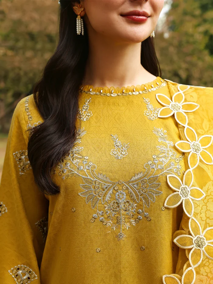 Ally's Official | 3 Piece Chikankari Jacquard Embroidered Shirt | SAFFRON | Ready To Wear - Image 2