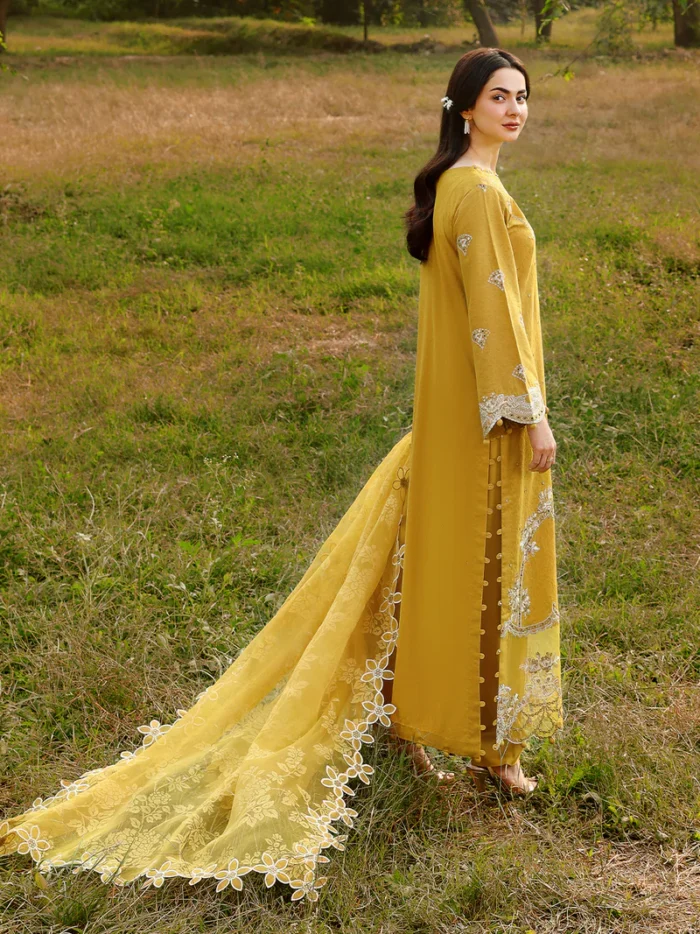 Ally's Official | 3 Piece Chikankari Jacquard Embroidered Shirt | SAFFRON | Ready To Wear - Image 8