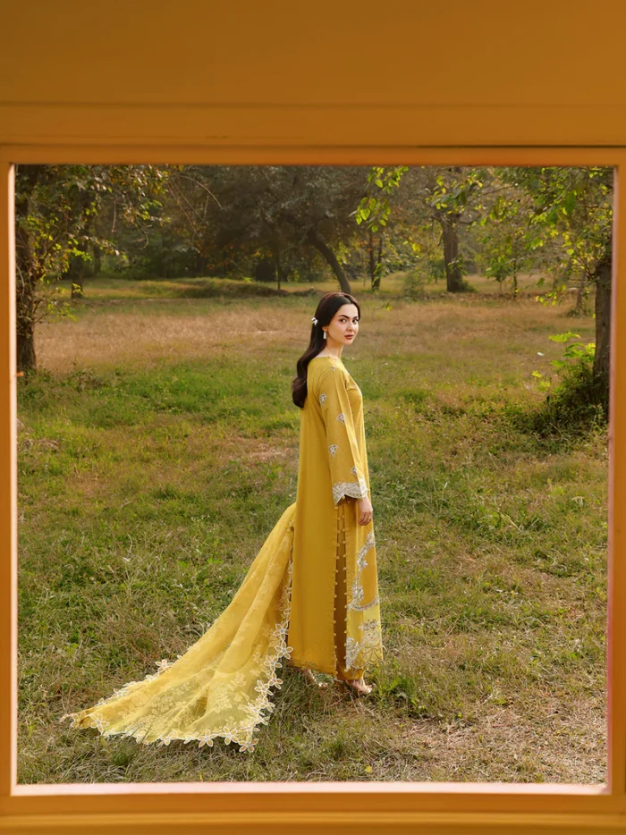 Ally's Official | 3 Piece Chikankari Jacquard Embroidered Shirt | SAFFRON | Ready To Wear - Image 9