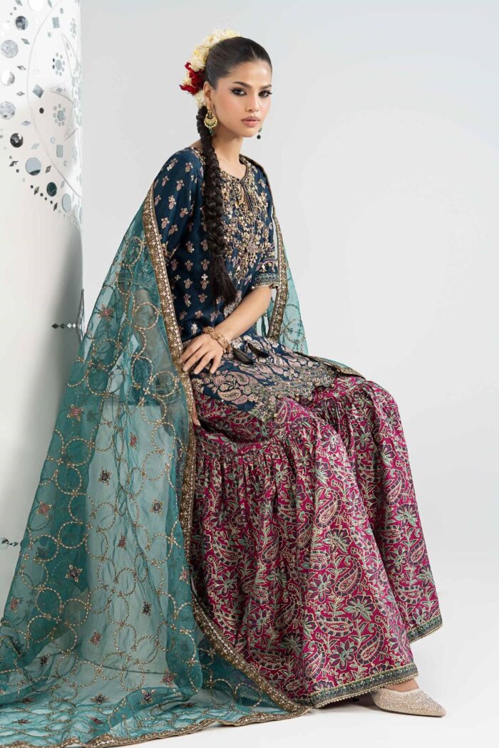 MARIA.B | 3 Piece Embroidered Raw Silk Suit -SF-EA26-21-Blue | Ready To Wear - Image 4