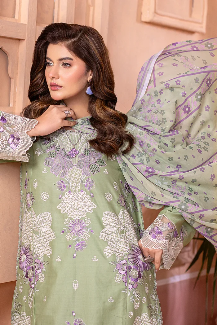 HOZ | 3 Piece Sage Green Embroidered Luxury Cotton Pret Suit - AHREEN – COT001 | Ready To Wear - Image 2