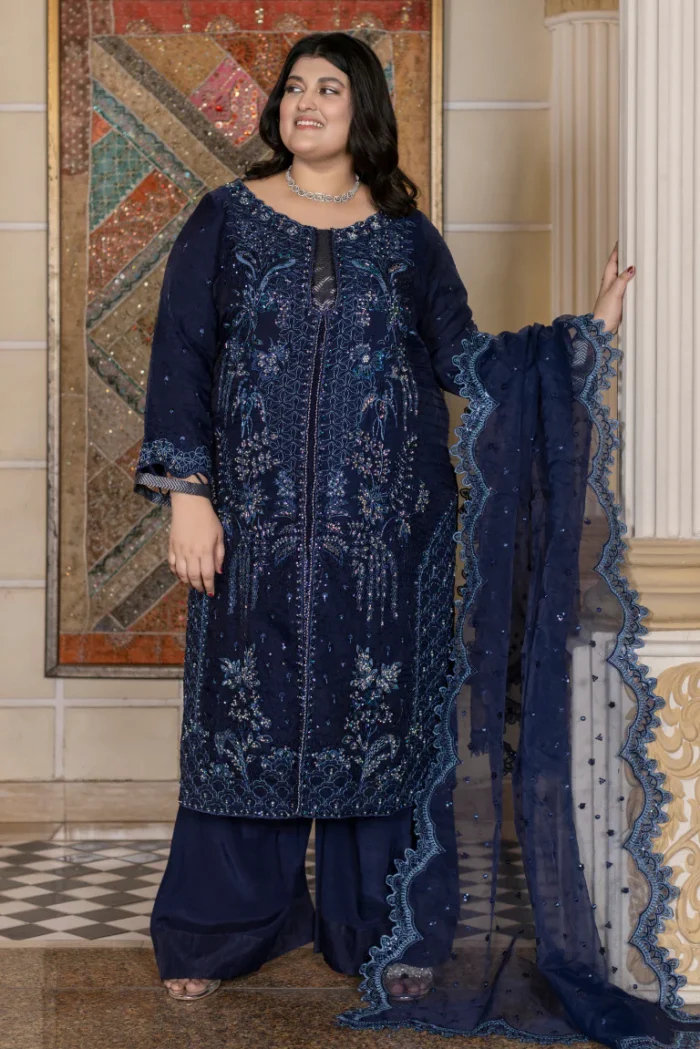 HOZ | 3 Piece Royal Navy Embroidered Organza Formal Suit – ALEENA-GU720 | Ready To Wear - Image 2