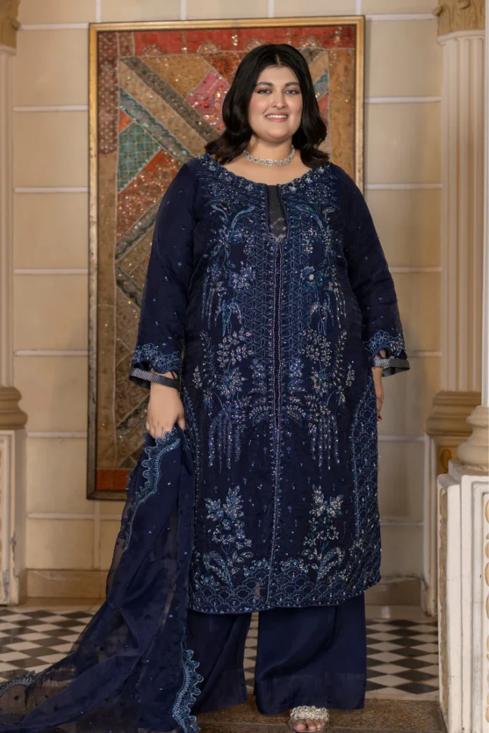 HOZ | 3 Piece Royal Navy Embroidered Organza Formal Suit – ALEENA-GU720 | Ready To Wear - Image 3