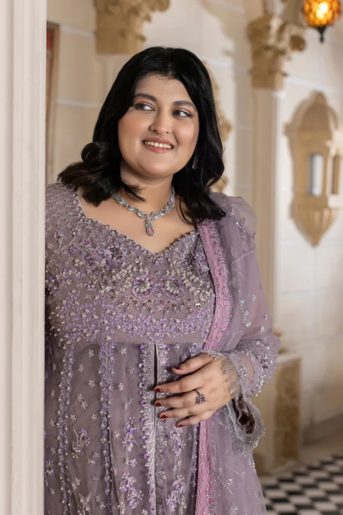HOZ | 3 Piece Lavender Mist Embroidered Organza Formal Suit – ESHAL-GU716 | Ready To Wear - Image 4