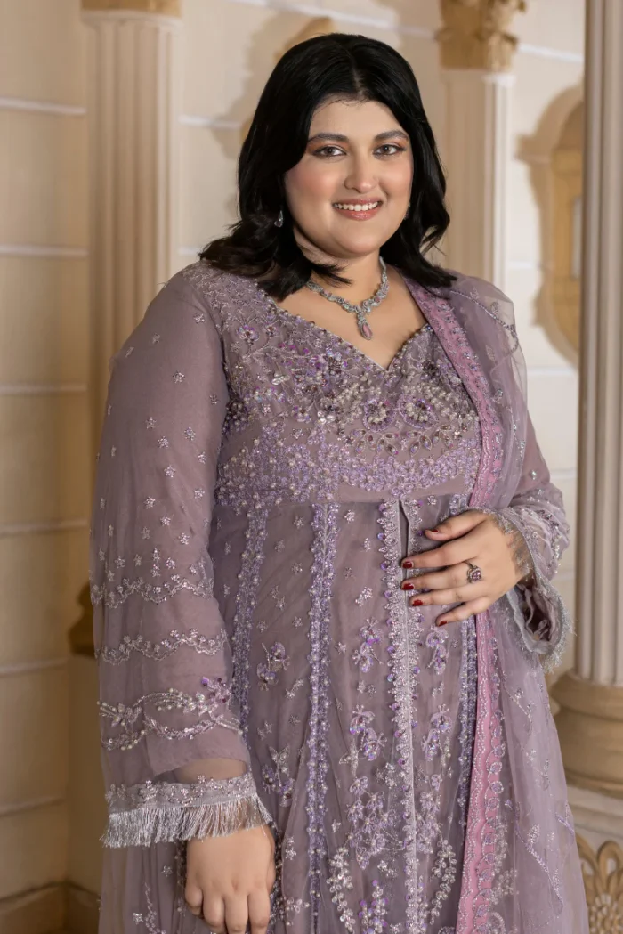 HOZ | 3 Piece Lavender Mist Embroidered Organza Formal Suit – ESHAL-GU716 | Ready To Wear - Image 5