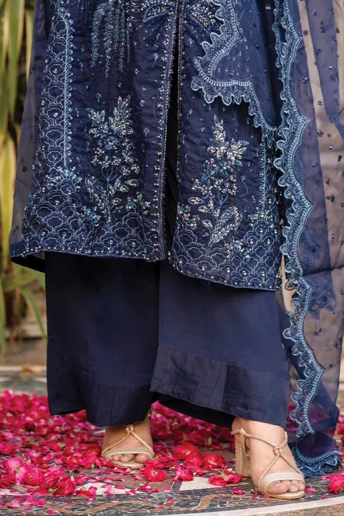 HOZ | 3 Piece Royal Navy Embroidered Organza Formal Suit – ALEENA-GU720 | Ready To Wear - Image 7