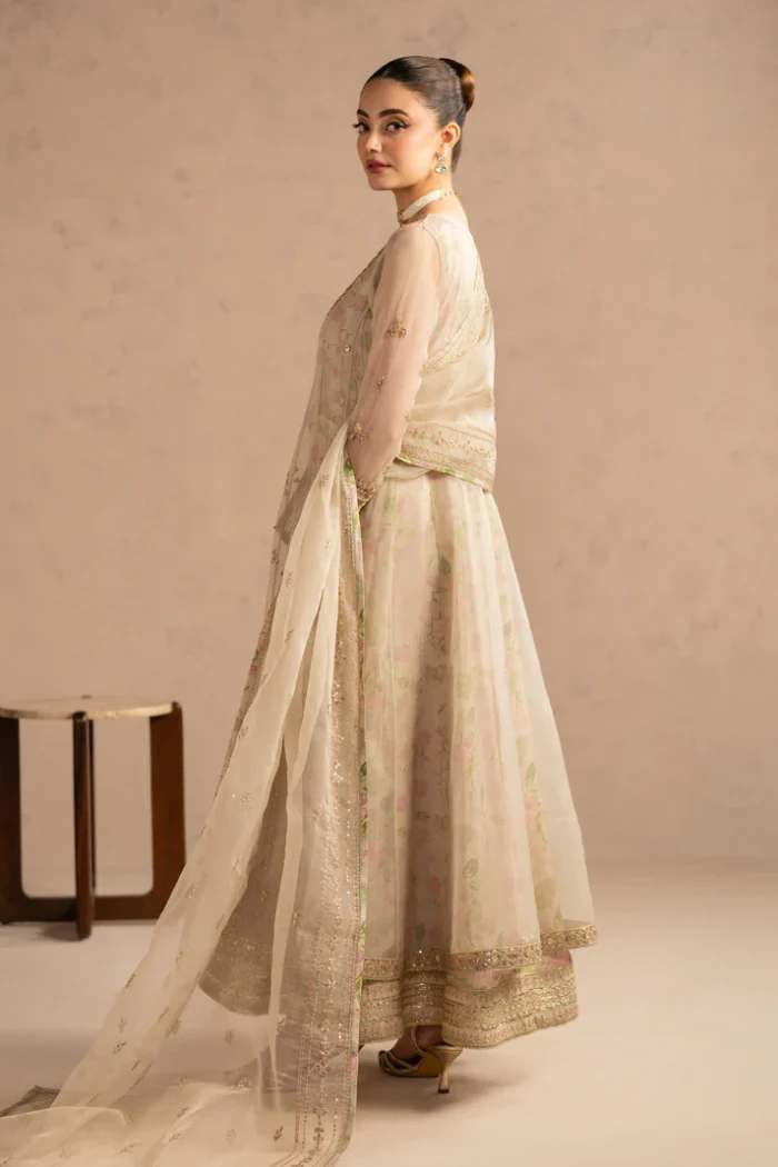 Naqshi | 3 Piece Light Skin Organza Embroidered Frock Set – Sohan | Ready To Wear - Image 5