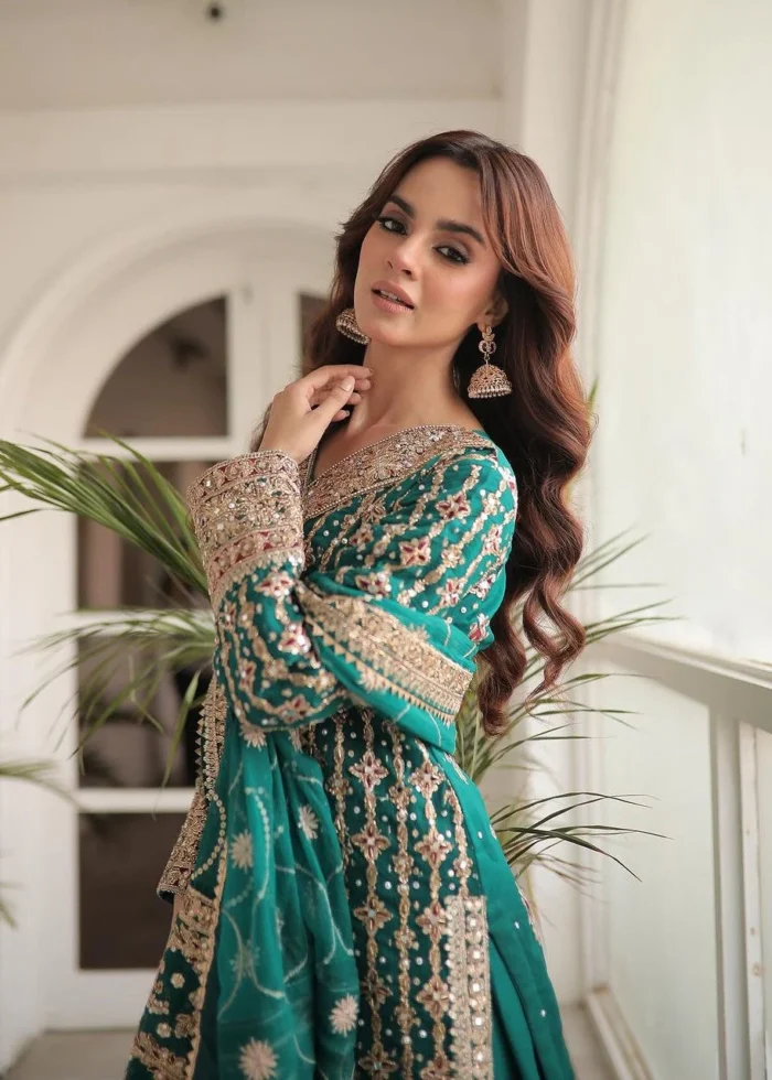 Haseens Official | 3 Piece Sea Green Chiffon Embroidered Straight Kurta - Mahrukh | Ready To Wear - Image 5