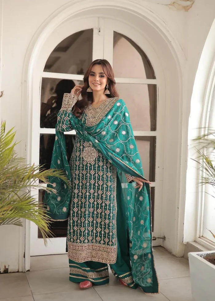 Haseens Official | 3 Piece Sea Green Chiffon Embroidered Straight Kurta - Mahrukh | Ready To Wear - Image 3