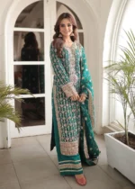 Haseens Official | 3 Piece Sea Green Chiffon Embroidered Straight Kurta - Mahrukh | Ready To Wear - Image 4